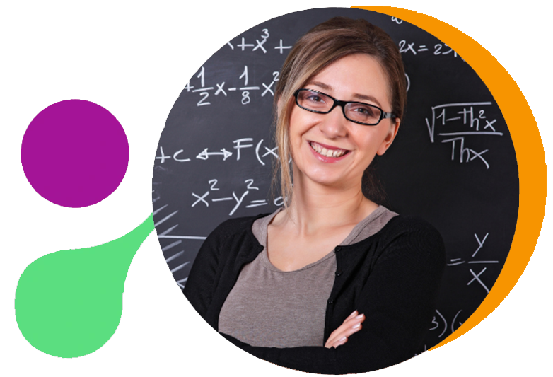 School leader wearing glasses in front of school backboard